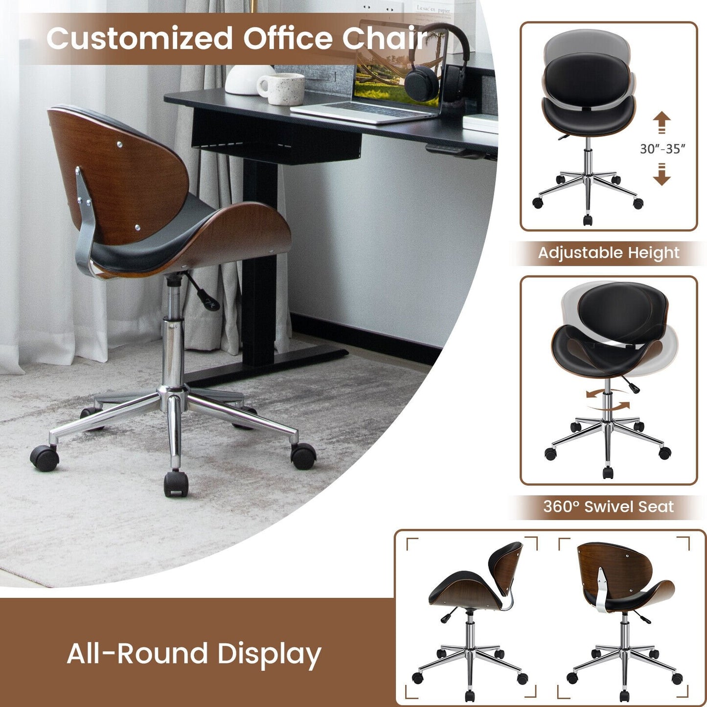 Adjustable Leather Office Chair Swivel Bentwood Desk Chair with Curved Seat, Black Leisure Chairs   at Gallery Canada