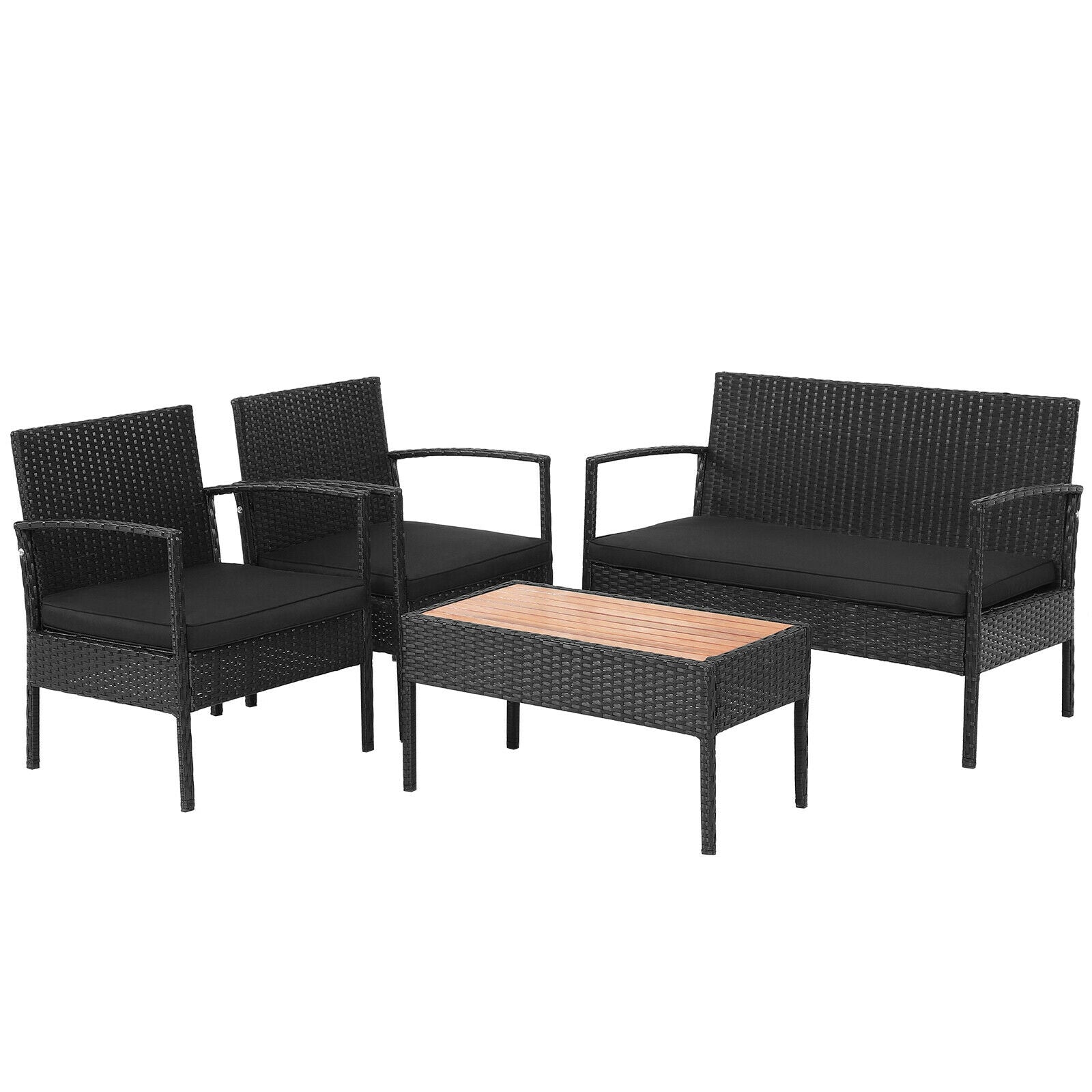 4 Pieces Patio Rattan Cushioned Furniture Set with Wooden Tabletop, Black Patio Conversation Sets   at Gallery Canada