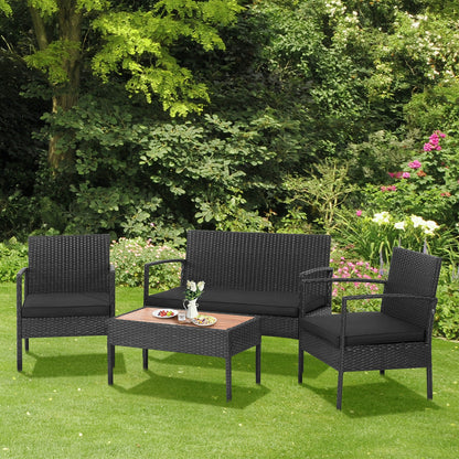 4 Pieces Patio Rattan Cushioned Furniture Set with Wooden Tabletop, Black Patio Conversation Sets   at Gallery Canada