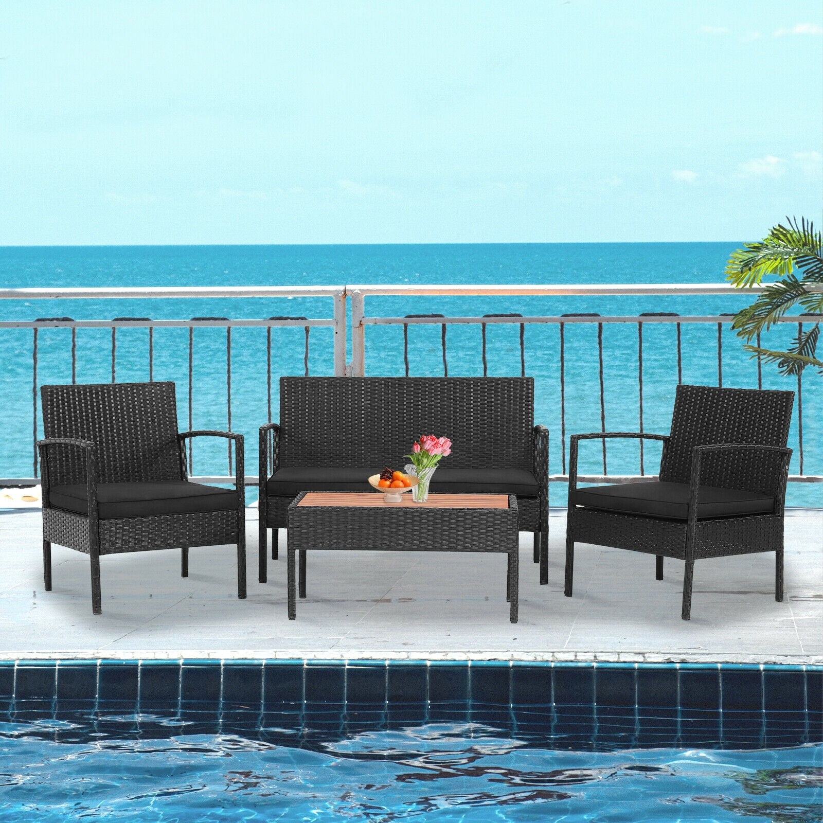 4 Pieces Patio Rattan Cushioned Furniture Set with Wooden Tabletop, Black Patio Conversation Sets   at Gallery Canada