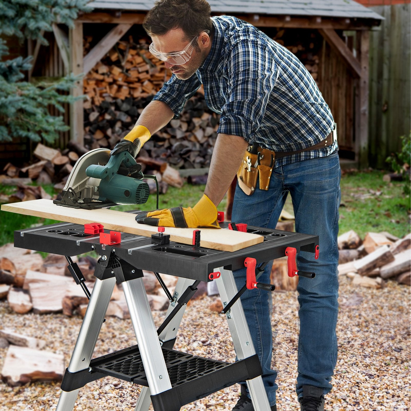 Portable Folding Workbench with Adjustable Height for Garage Home, Black & Red - Gallery Canada