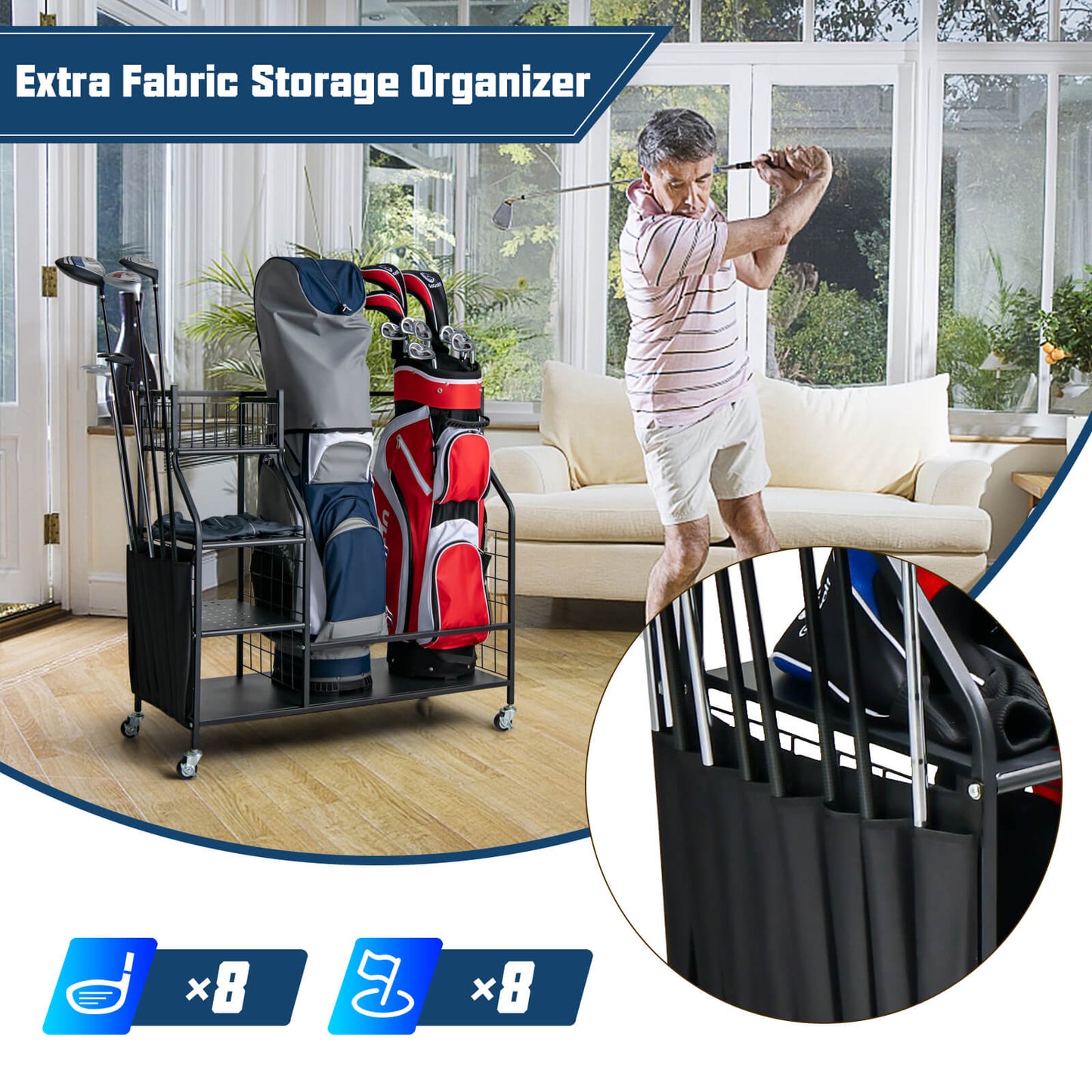 Double Golf Bag Organizer with Lockable Universal Wheels, Black - Gallery Canada