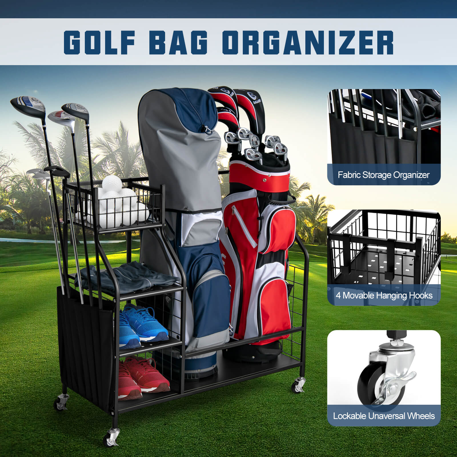 Double Golf Bag Organizer with Lockable Universal Wheels, Black - Gallery Canada