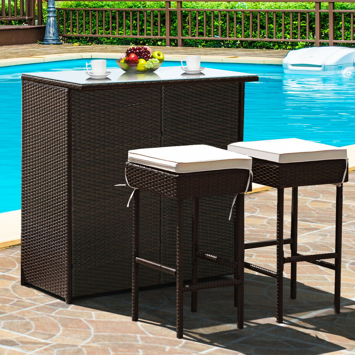 3 Pieces Patio Rattan Wicker Bar Table Stools Dining Set, Beige Patio Bar Furniture   at Gallery Canada