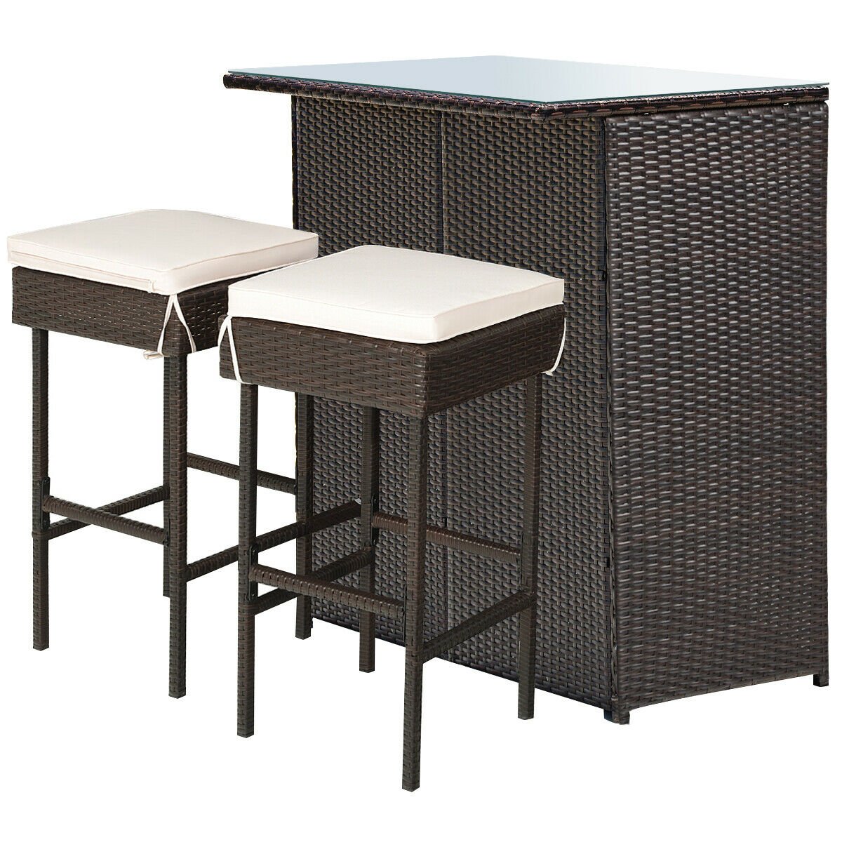 3 Pieces Patio Rattan Wicker Bar Table Stools Dining Set, Beige Patio Bar Furniture   at Gallery Canada