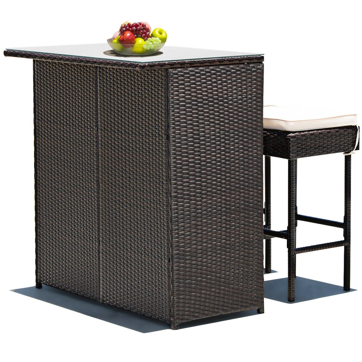 3 Pieces Patio Rattan Wicker Bar Table Stools Dining Set, Beige Patio Bar Furniture   at Gallery Canada