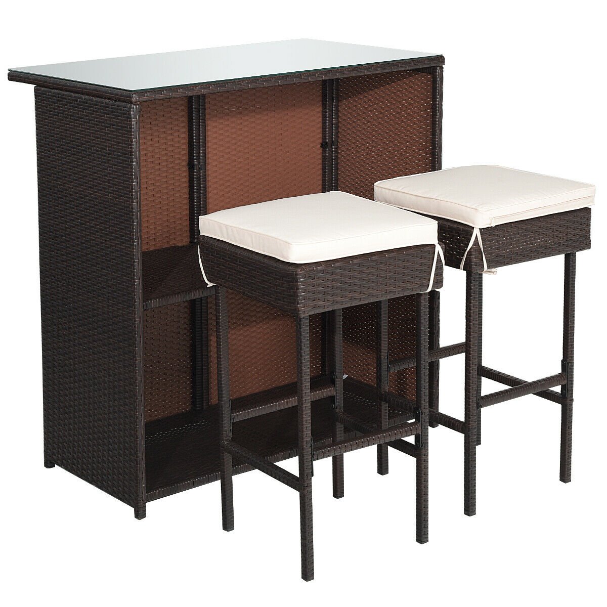 3 Pieces Patio Rattan Wicker Bar Table Stools Dining Set, Beige Patio Bar Furniture   at Gallery Canada