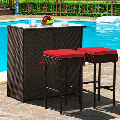 3 Pieces Patio Rattan Wicker Bar Table Stools Dining Set, Red Patio Bar Furniture   at Gallery Canada