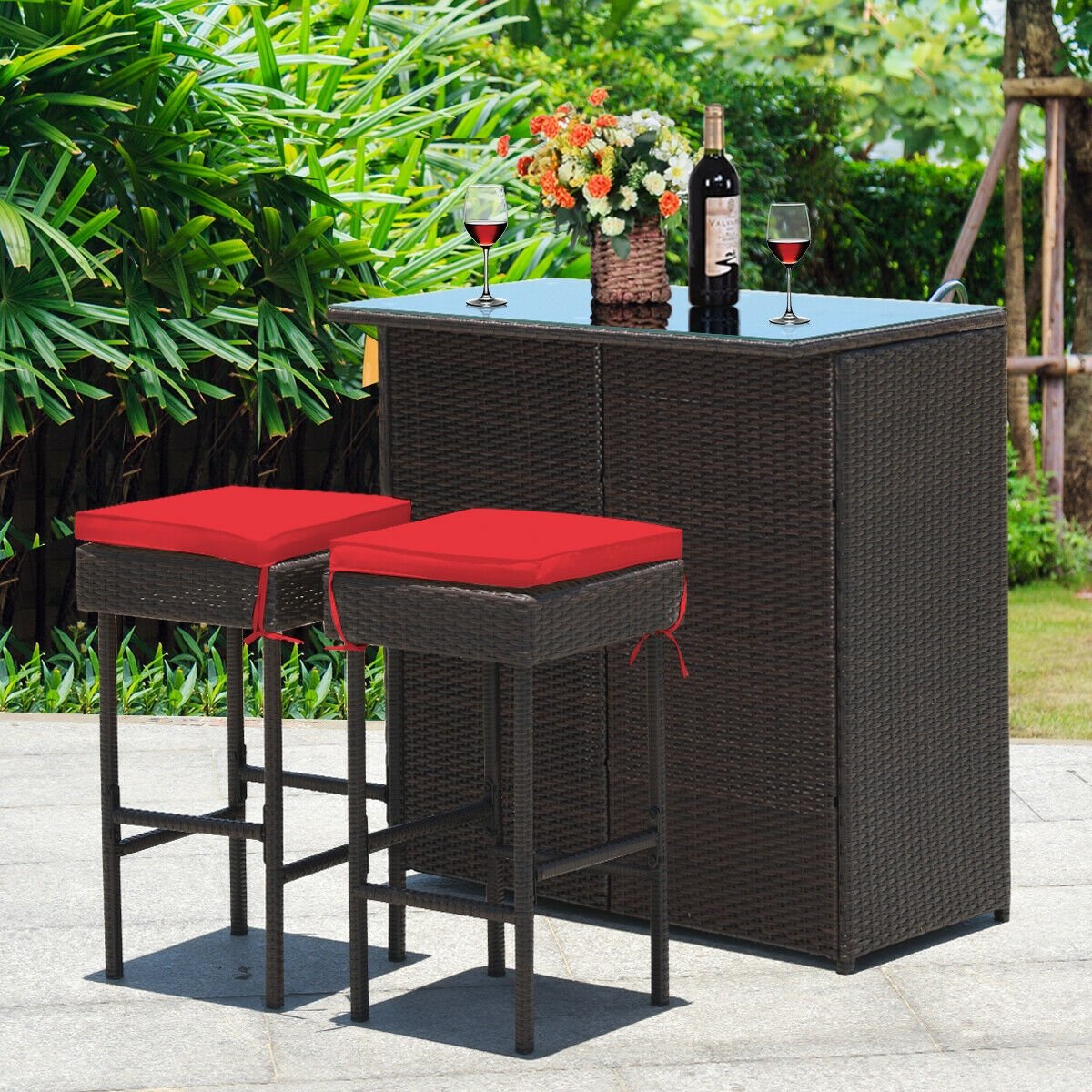 3 Pieces Patio Rattan Wicker Bar Table Stools Dining Set, Red Patio Bar Furniture   at Gallery Canada