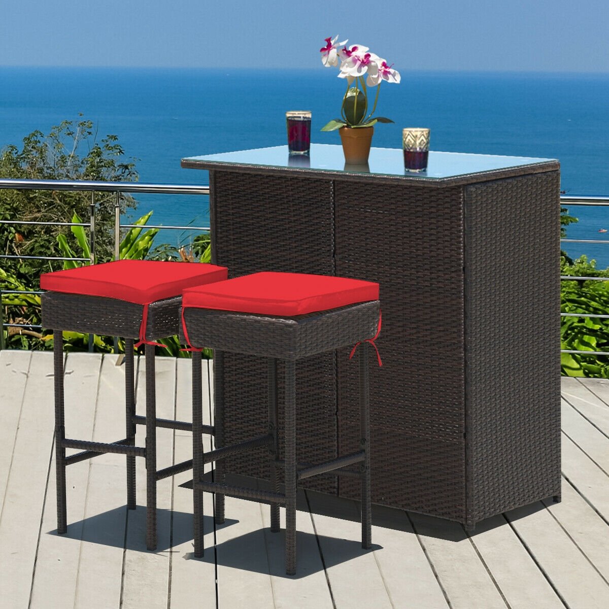 3 Pieces Patio Rattan Wicker Bar Table Stools Dining Set, Red Patio Bar Furniture   at Gallery Canada