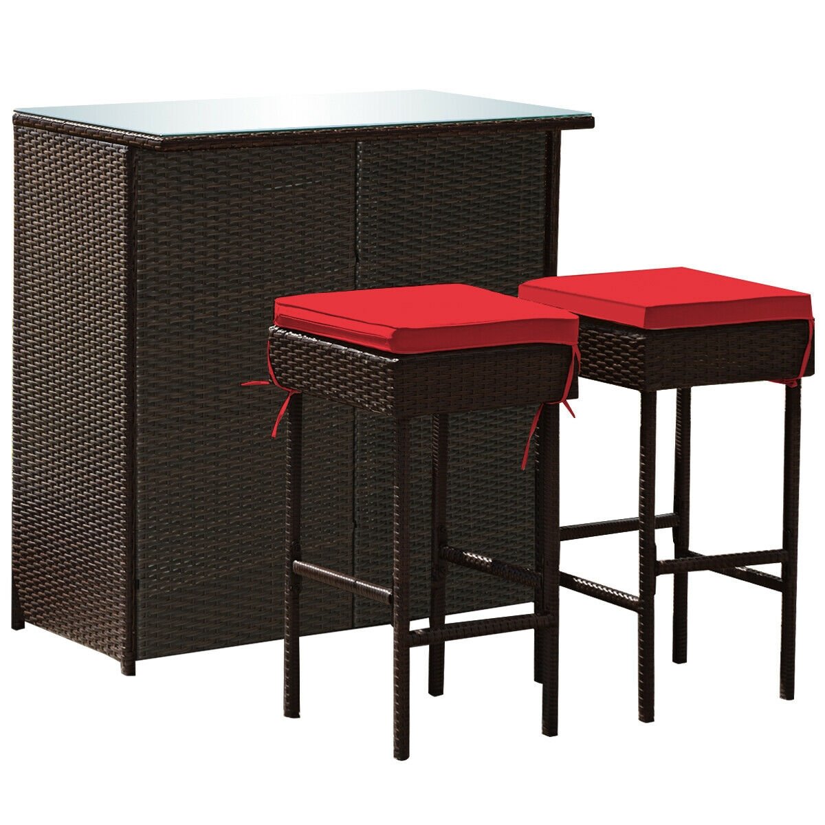 3 Pieces Patio Rattan Wicker Bar Table Stools Dining Set, Red Patio Bar Furniture   at Gallery Canada