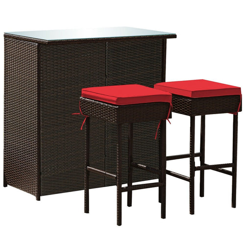 3 Pieces Patio Rattan Wicker Bar Table Stools Dining Set, Red