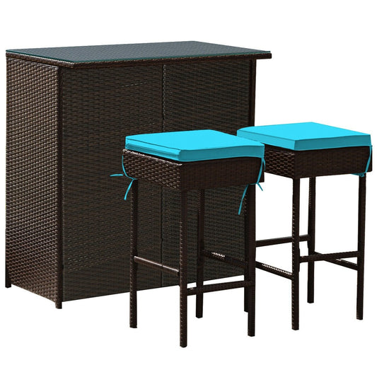 3 Pieces Patio Rattan Wicker Bar Table Stools Dining Set, Turquoise - Gallery Canada