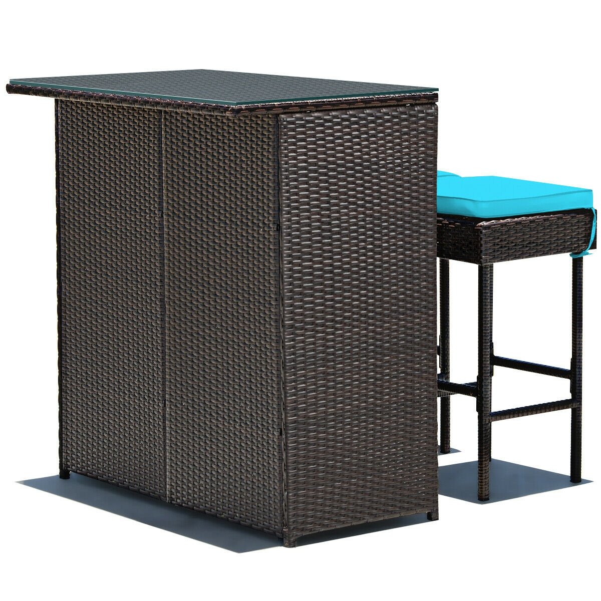 3 Pieces Patio Rattan Wicker Bar Table Stools Dining Set, Turquoise Patio Bar Furniture   at Gallery Canada