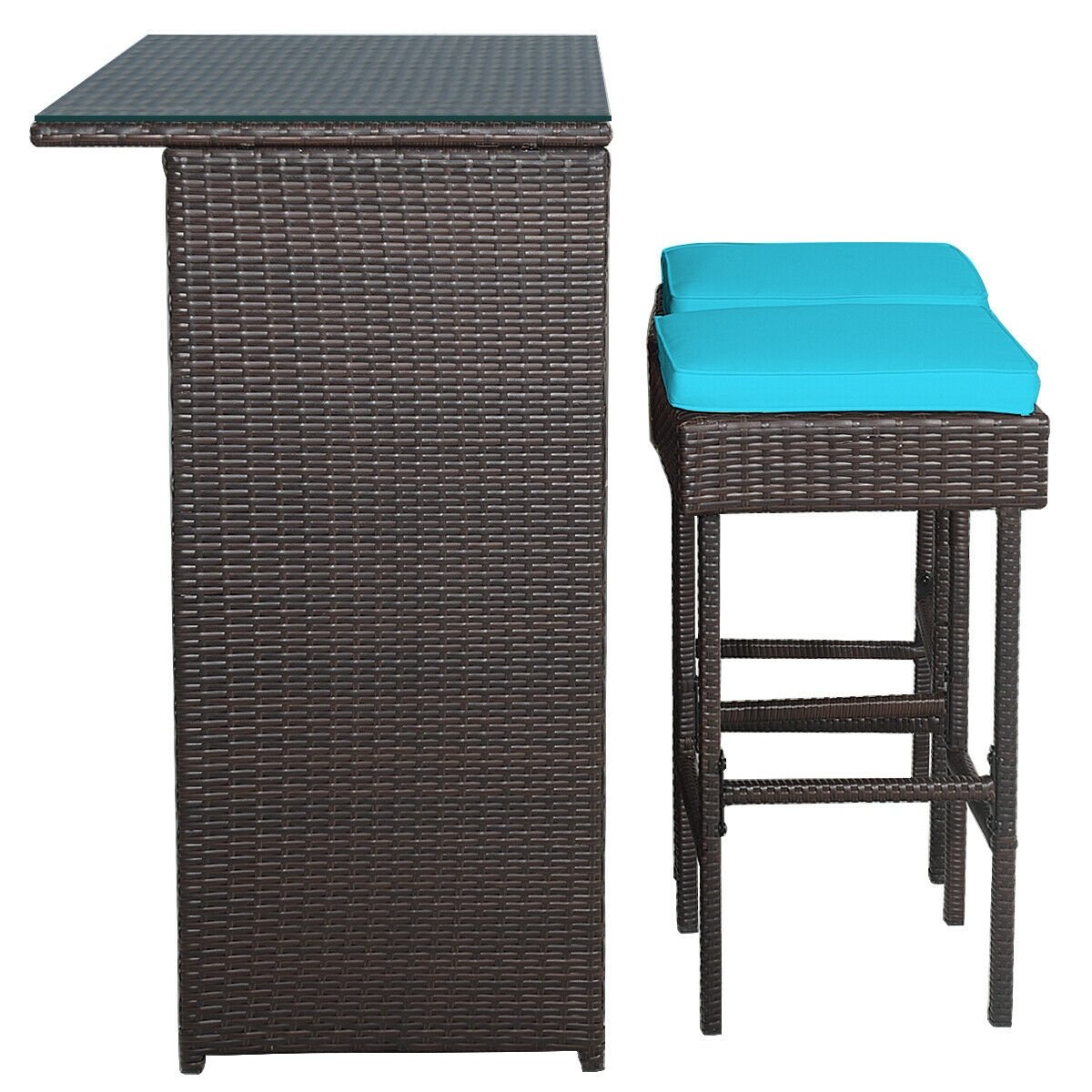 3 Pieces Patio Rattan Wicker Bar Table Stools Dining Set, Turquoise Patio Bar Furniture   at Gallery Canada