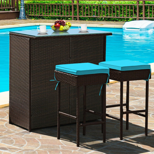 3 Pieces Patio Rattan Wicker Bar Table Stools Dining Set, Turquoise - Gallery Canada