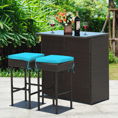 3 Pieces Patio Rattan Wicker Bar Table Stools Dining Set, Turquoise Patio Bar Furniture   at Gallery Canada