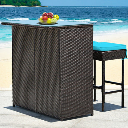 3 Pieces Patio Rattan Wicker Bar Table Stools Dining Set, Turquoise Patio Bar Furniture   at Gallery Canada