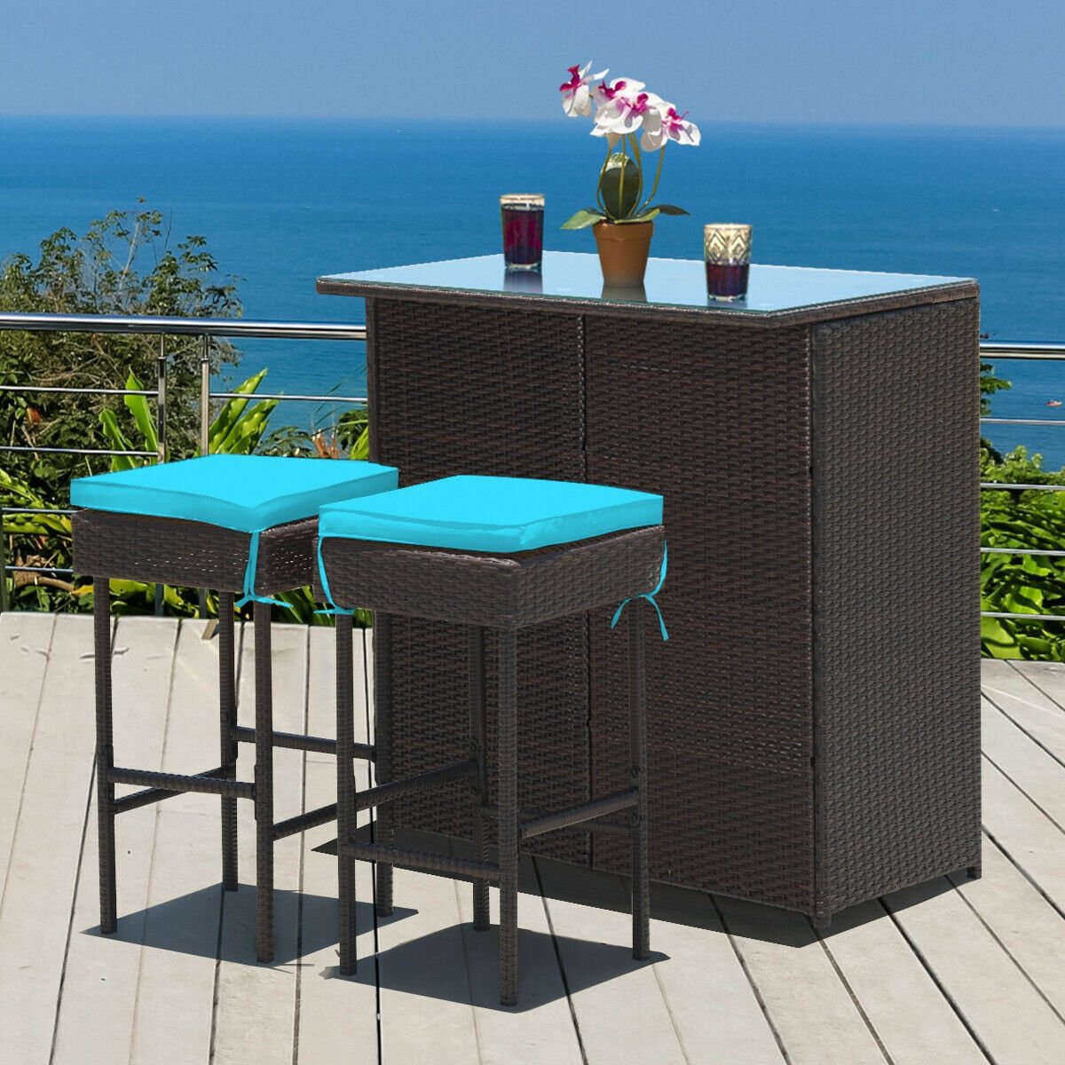 3 Pieces Patio Rattan Wicker Bar Table Stools Dining Set, Turquoise Patio Bar Furniture   at Gallery Canada