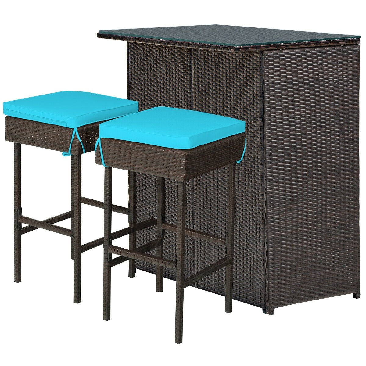 3 Pieces Patio Rattan Wicker Bar Table Stools Dining Set, Turquoise Patio Bar Furniture   at Gallery Canada