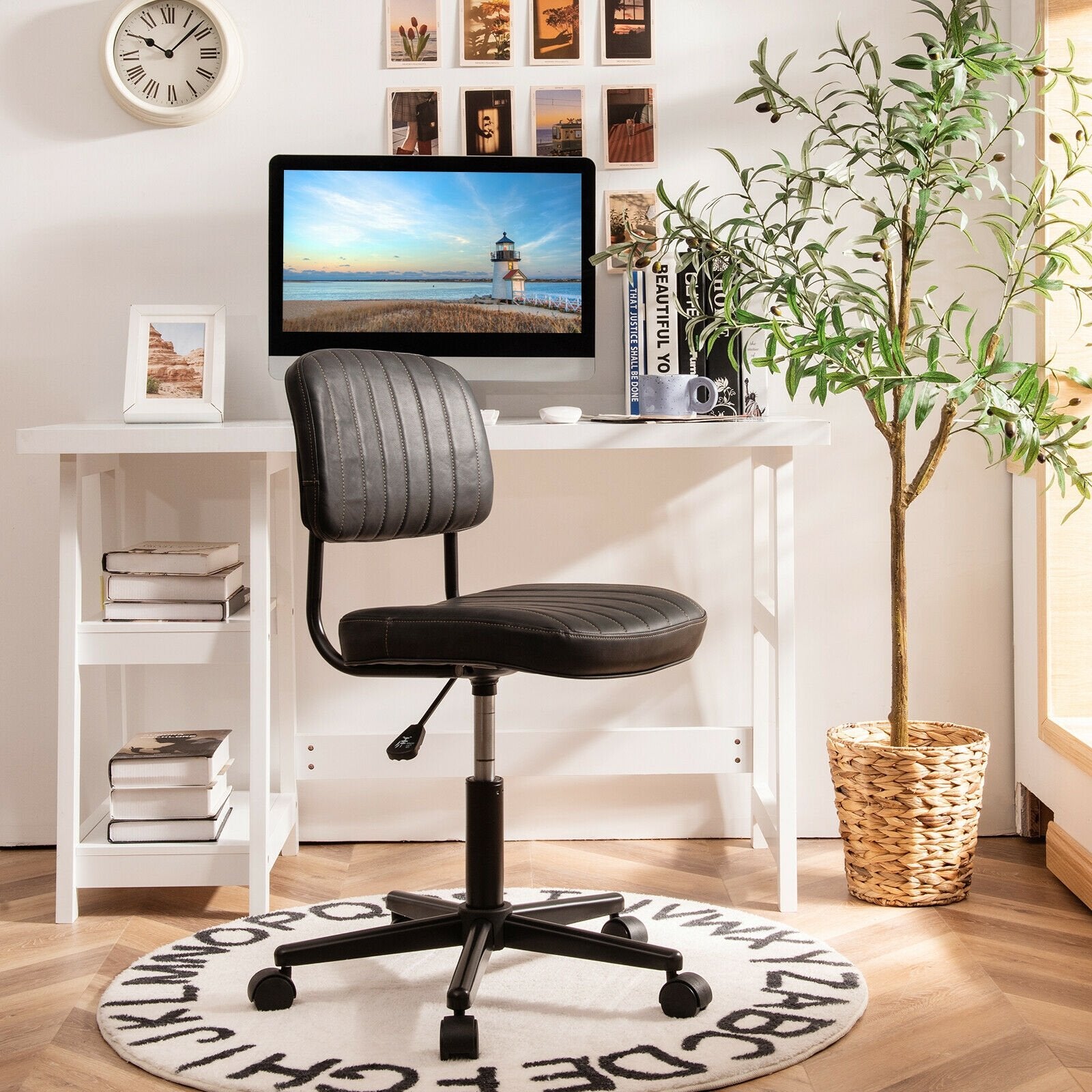 PU Leather Adjustable Office Chair  Swivel Task Chair with Backrest, Black Armless Chairs   at Gallery Canada