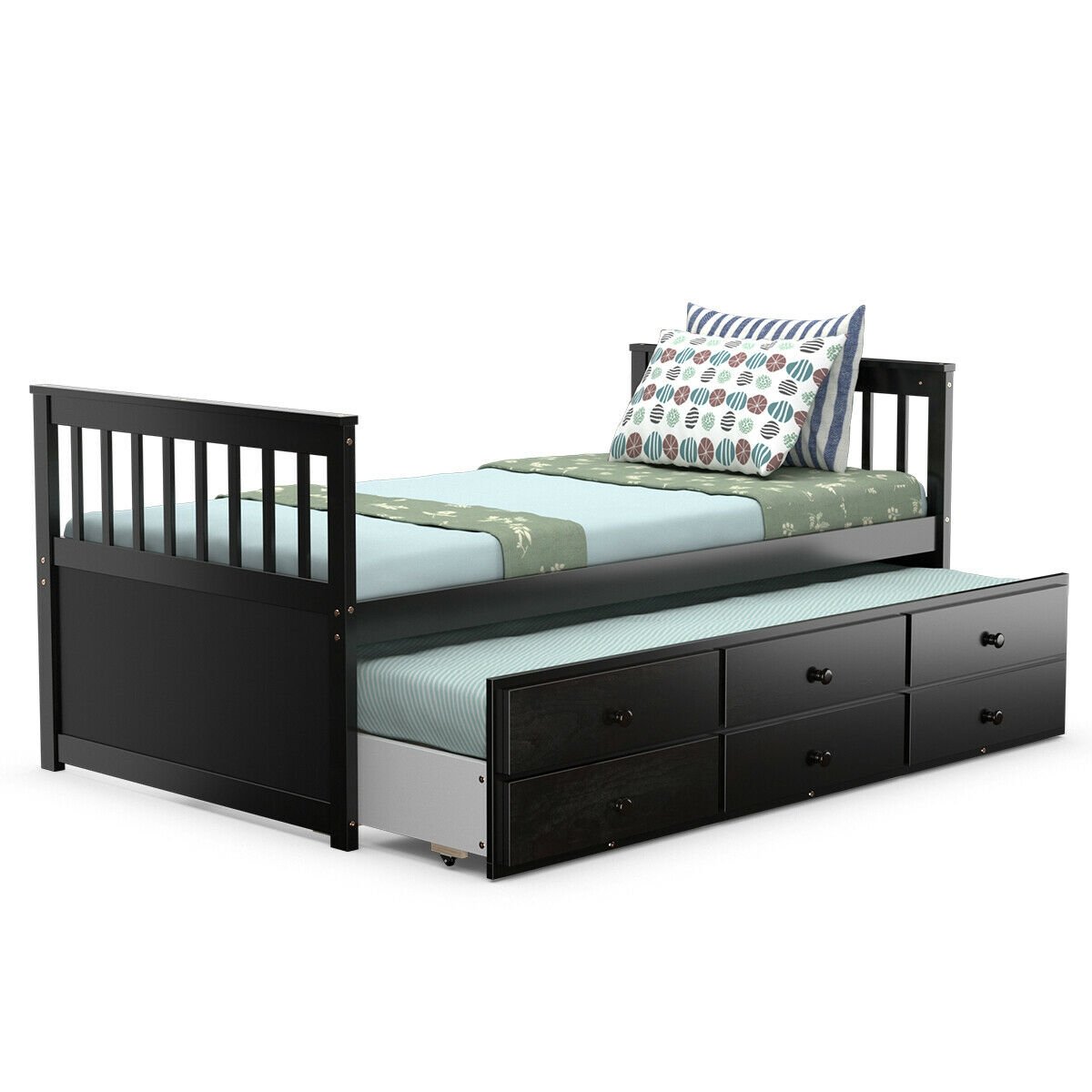 Twin Captain’s Bed with Trundle Bed with 3 Storage Drawers, Dark Brown Trundle Bed Frame   at Gallery Canada