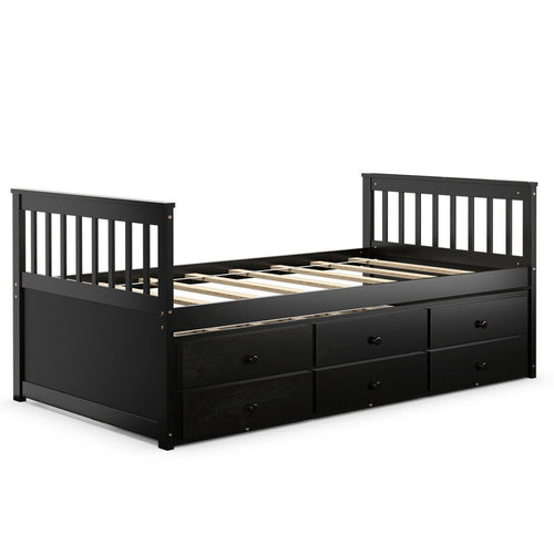 Twin Captain’s Bed with Trundle Bed with 3 Storage Drawers, Dark Brown