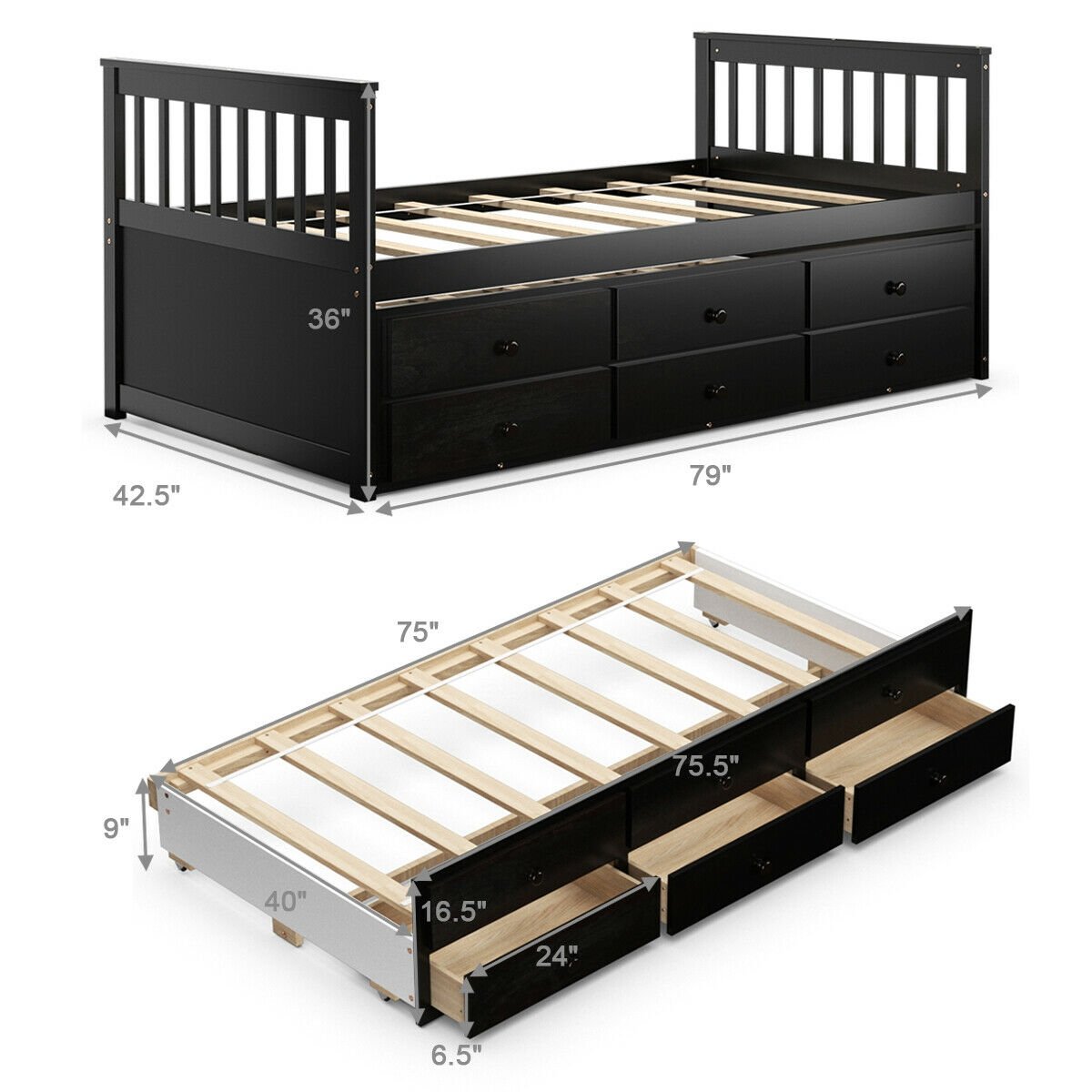 Twin Captain’s Bed with Trundle Bed with 3 Storage Drawers, Dark Brown Trundle Bed Frame   at Gallery Canada