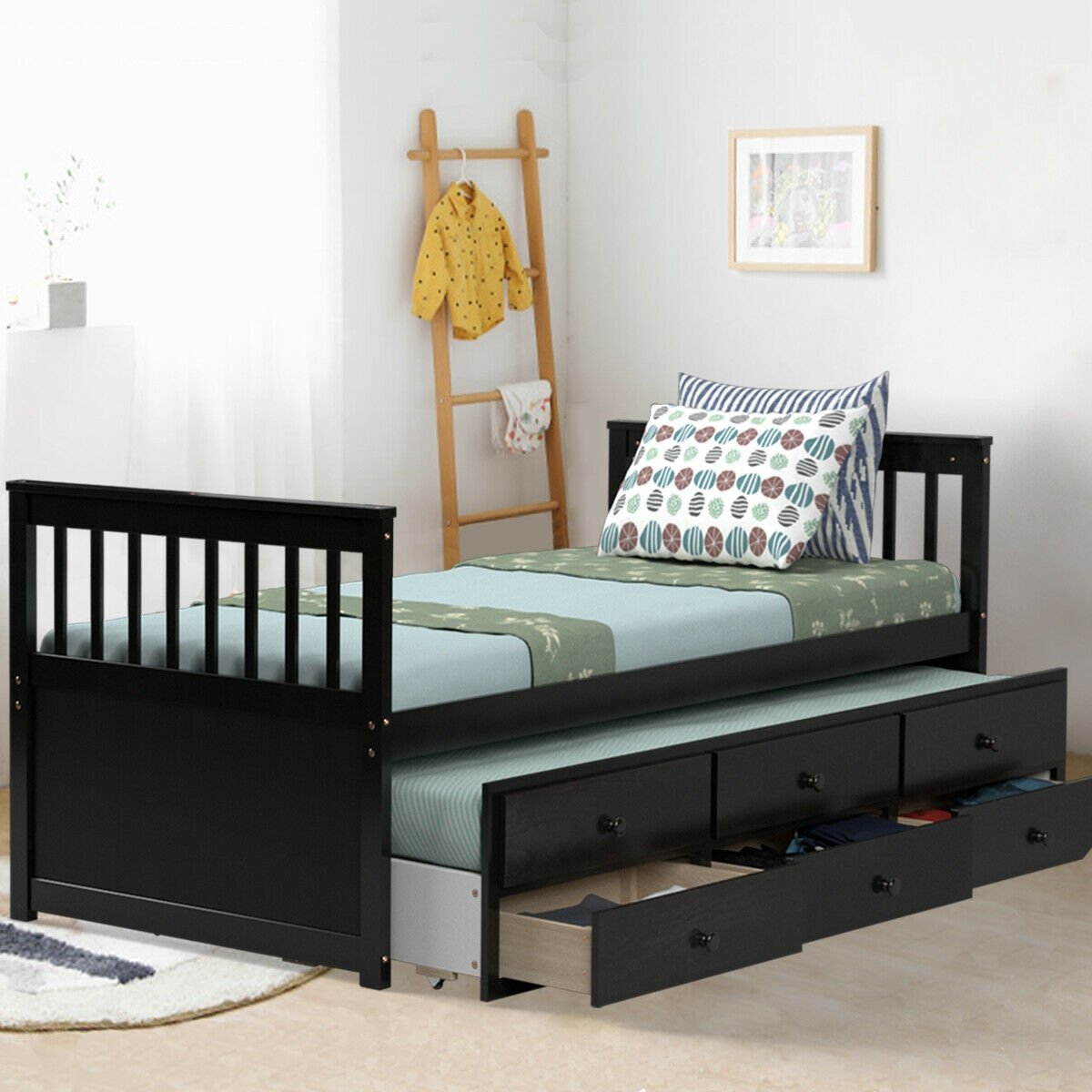 Twin Captain’s Bed with Trundle Bed with 3 Storage Drawers, Dark Brown Trundle Bed Frame   at Gallery Canada