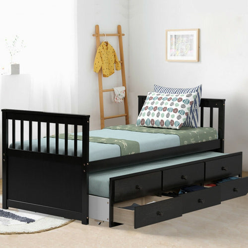 Twin Captain’s Bed with Trundle Bed with 3 Storage Drawers, Dark Brown