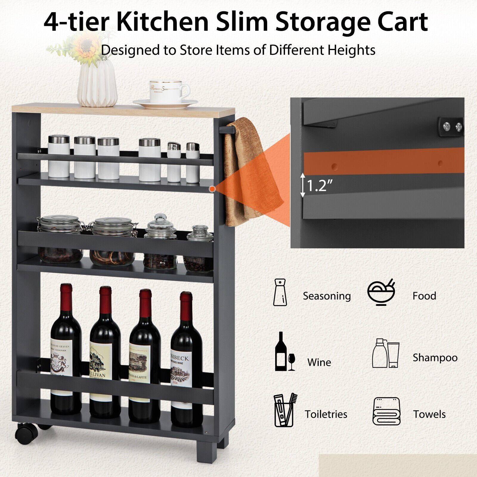 4-Tier Slim Kitchen Storage Cart Narrow Slide Out Trolley Adjustable Shelf, Gray - Gallery Canada