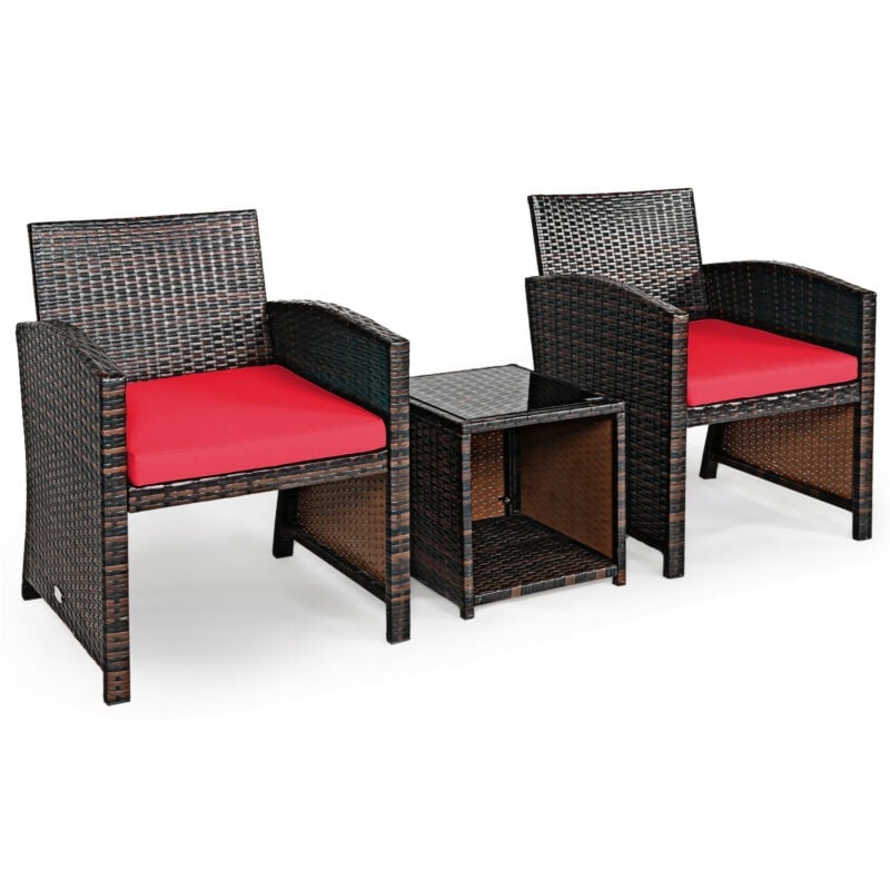 3 Pieces PE Rattan Wicker Furniture Set with Cushion Sofa Coffee Table for Garden, Red Patio Conversation Sets   at Gallery Canada