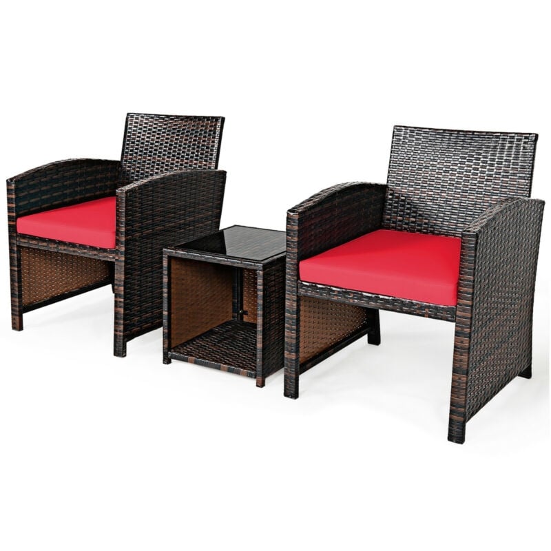 3 Pieces PE Rattan Wicker Furniture Set with Cushion Sofa Coffee Table for Garden, Red - Gallery Canada