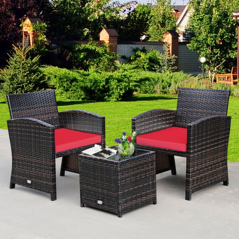 3 Pieces PE Rattan Wicker Furniture Set with Cushion Sofa Coffee Table for Garden, Red - Gallery Canada