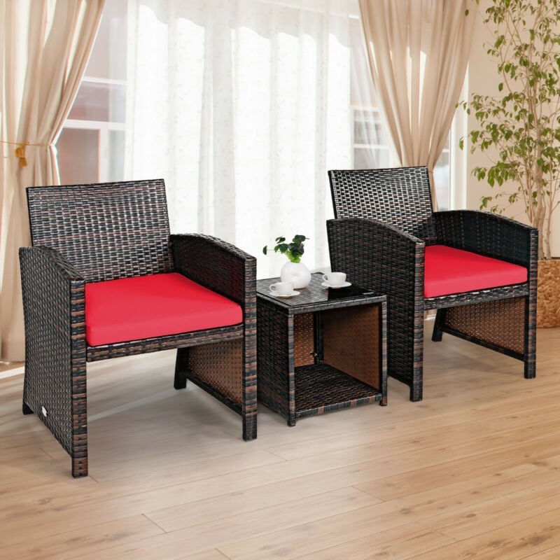 3 Pieces PE Rattan Wicker Furniture Set with Cushion Sofa Coffee Table for Garden, Red - Gallery Canada