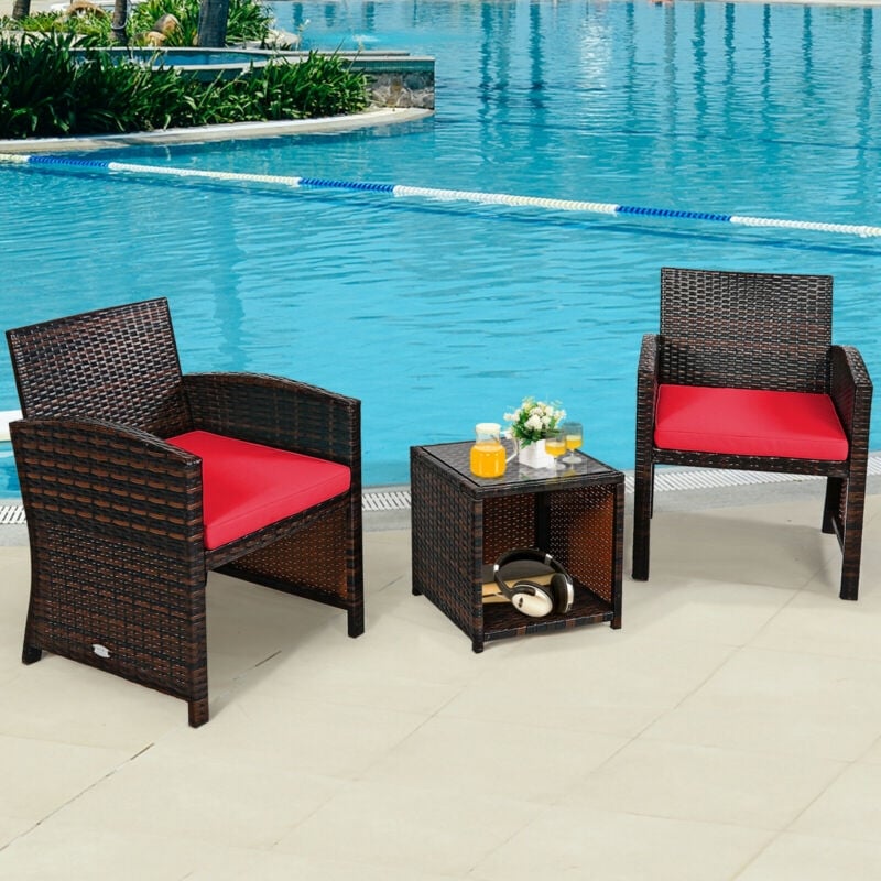 3 Pieces PE Rattan Wicker Furniture Set with Cushion Sofa Coffee Table for Garden, Red Patio Conversation Sets   at Gallery Canada