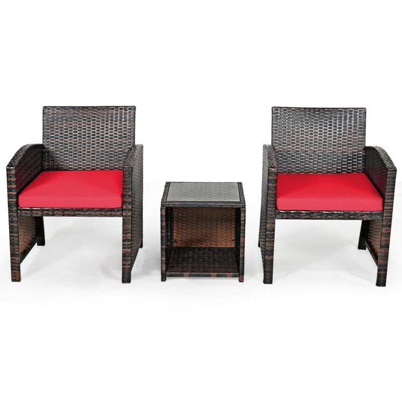 3 Pieces PE Rattan Wicker Furniture Set with Cushion Sofa Coffee Table for Garden, Red Patio Conversation Sets   at Gallery Canada