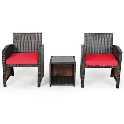 3 Pieces PE Rattan Wicker Furniture Set with Cushion Sofa Coffee Table for Garden, Red - Gallery Canada