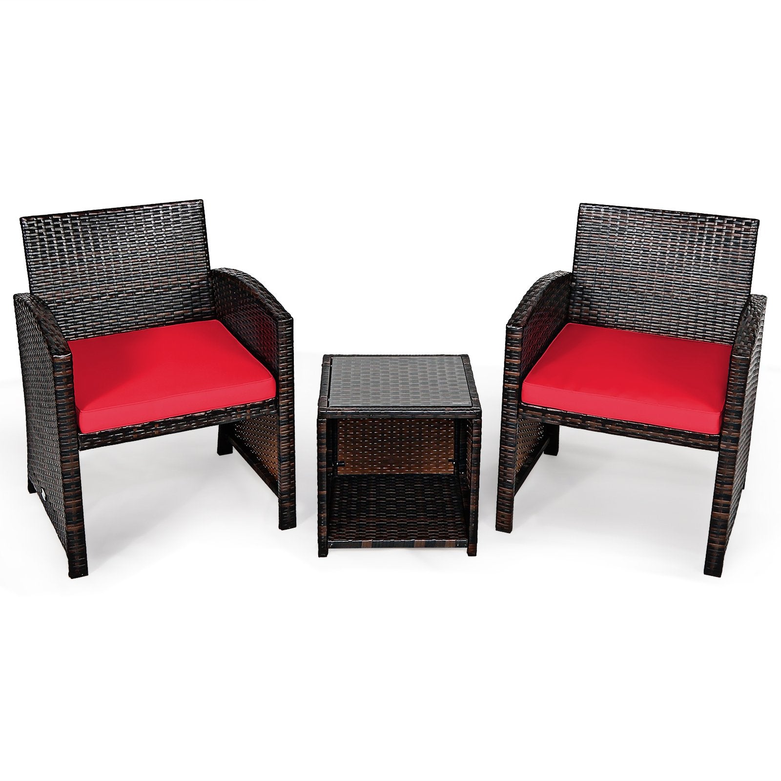 3 Pieces PE Rattan Wicker Furniture Set with Cushion Sofa Coffee Table for Garden, Red Patio Conversation Sets   at Gallery Canada