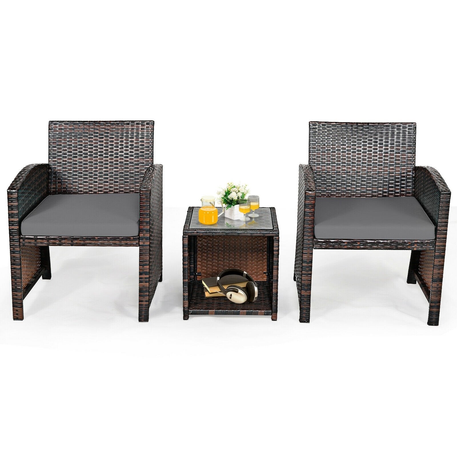 3 Pieces PE Rattan Wicker Furniture Set with Cushion Sofa Coffee Table for Garden, Gray - Gallery Canada