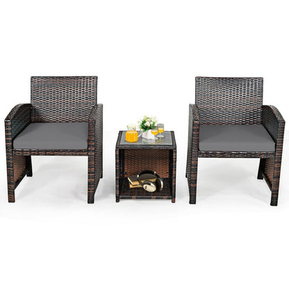 3 Pieces PE Rattan Wicker Furniture Set with Cushion Sofa Coffee Table for Garden, Gray Patio Conversation Sets   at Gallery Canada