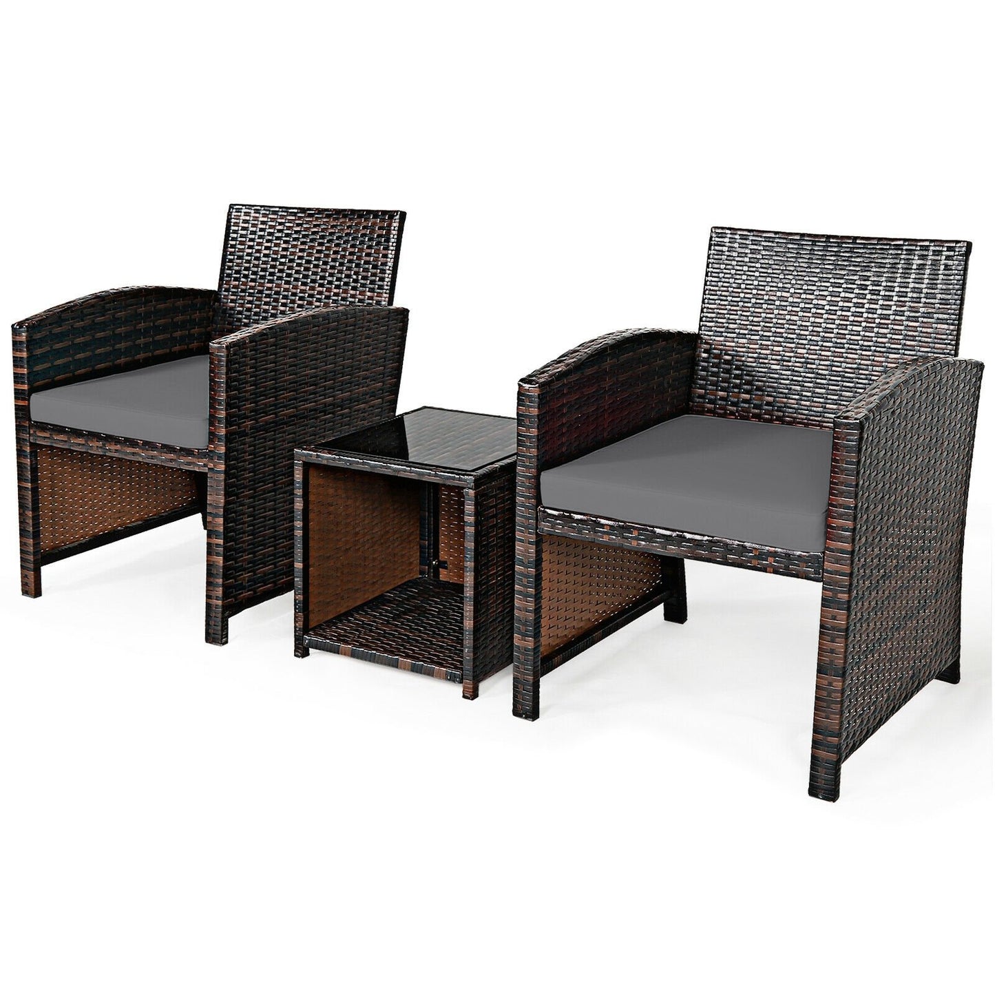 3 Pieces PE Rattan Wicker Furniture Set with Cushion Sofa Coffee Table for Garden, Gray - Gallery Canada