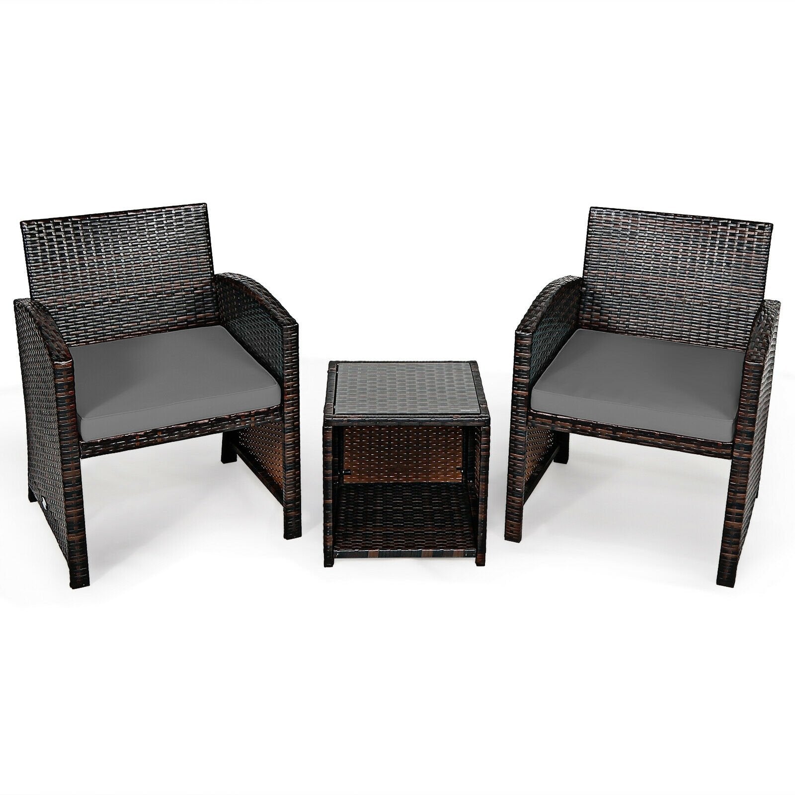 3 Pieces PE Rattan Wicker Furniture Set with Cushion Sofa Coffee Table for Garden, Gray Patio Conversation Sets   at Gallery Canada