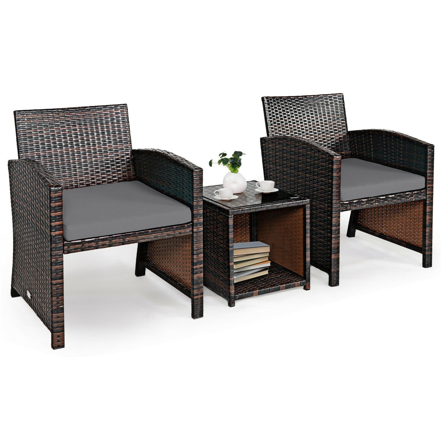 3 Pieces PE Rattan Wicker Furniture Set with Cushion Sofa Coffee Table for Garden, Gray - Gallery Canada