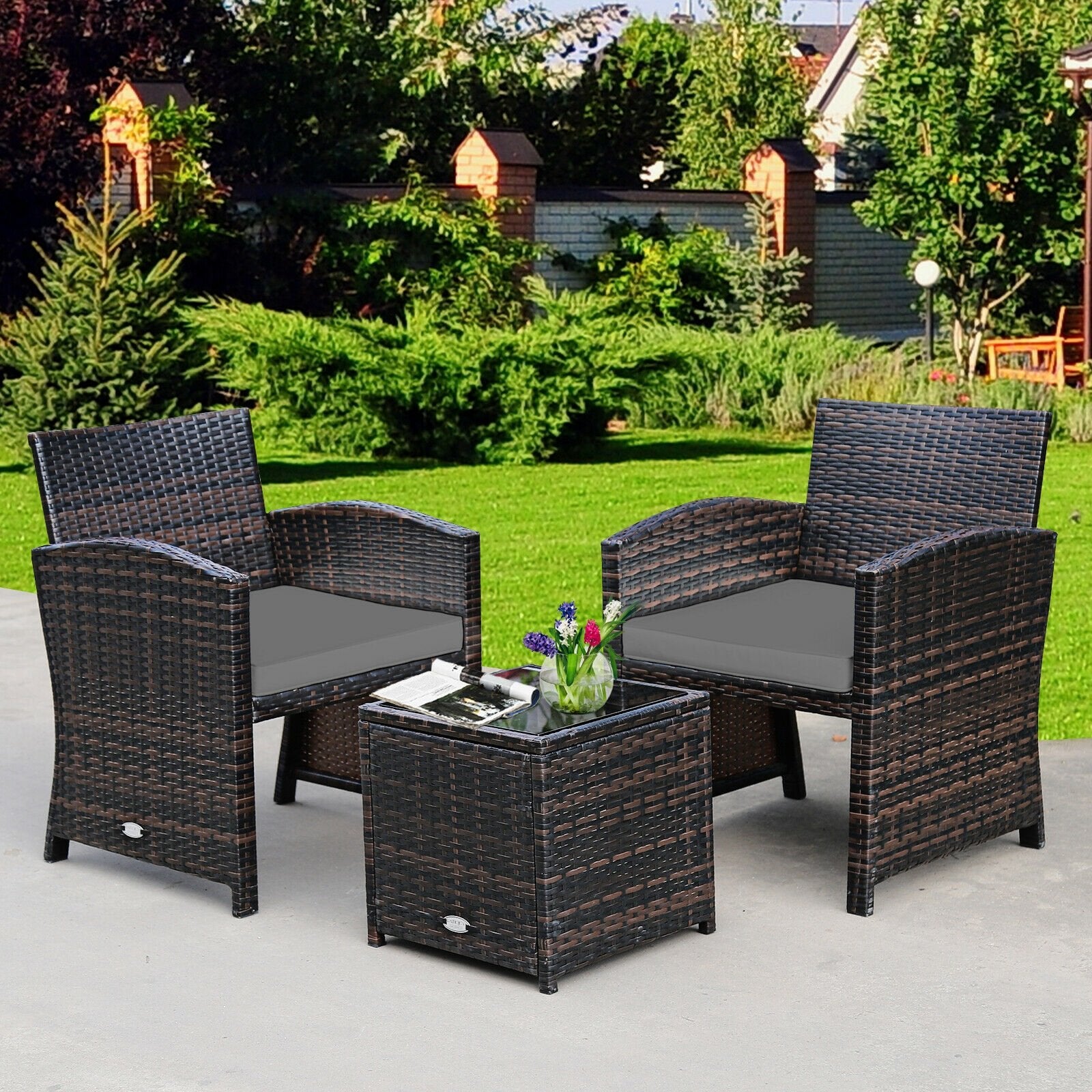 3 Pieces PE Rattan Wicker Furniture Set with Cushion Sofa Coffee Table for Garden, Gray - Gallery Canada