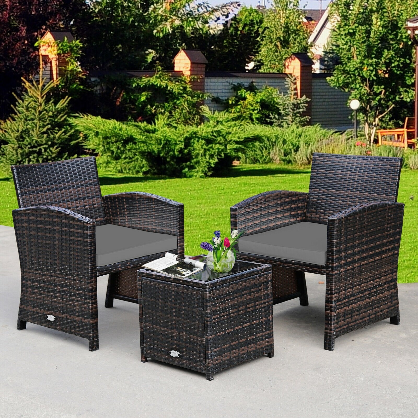 3 Pieces PE Rattan Wicker Furniture Set with Cushion Sofa Coffee Table for Garden, Gray Patio Conversation Sets   at Gallery Canada