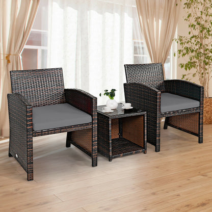 3 Pieces PE Rattan Wicker Furniture Set with Cushion Sofa Coffee Table for Garden, Gray - Gallery Canada