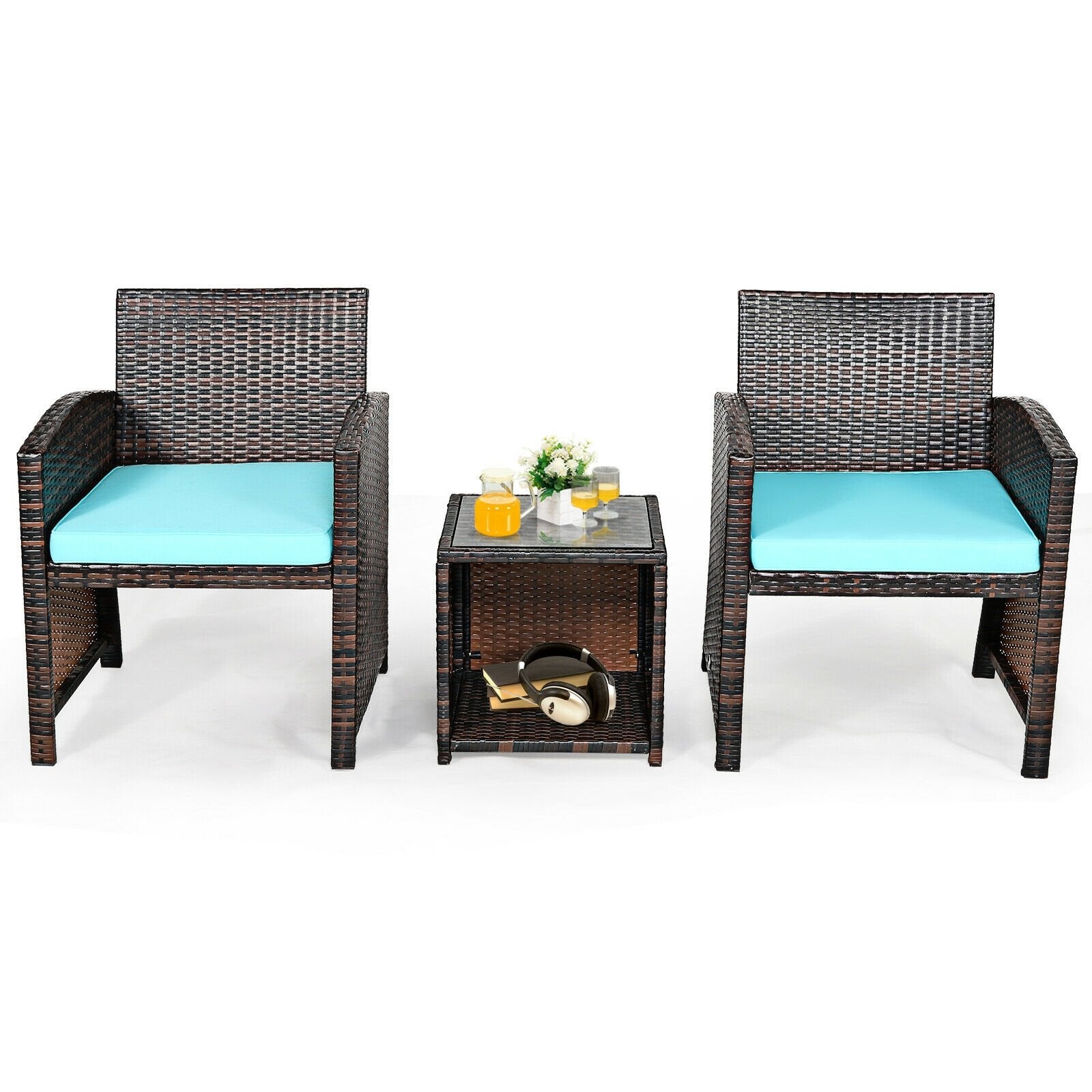 3 Pieces PE Rattan Wicker Furniture Set with Cushion Sofa Coffee Table for Garden, Turquoise Patio Conversation Sets   at Gallery Canada