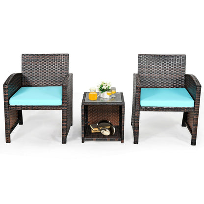 3 Pieces PE Rattan Wicker Furniture Set with Cushion Sofa Coffee Table for Garden, Turquoise Patio Conversation Sets   at Gallery Canada