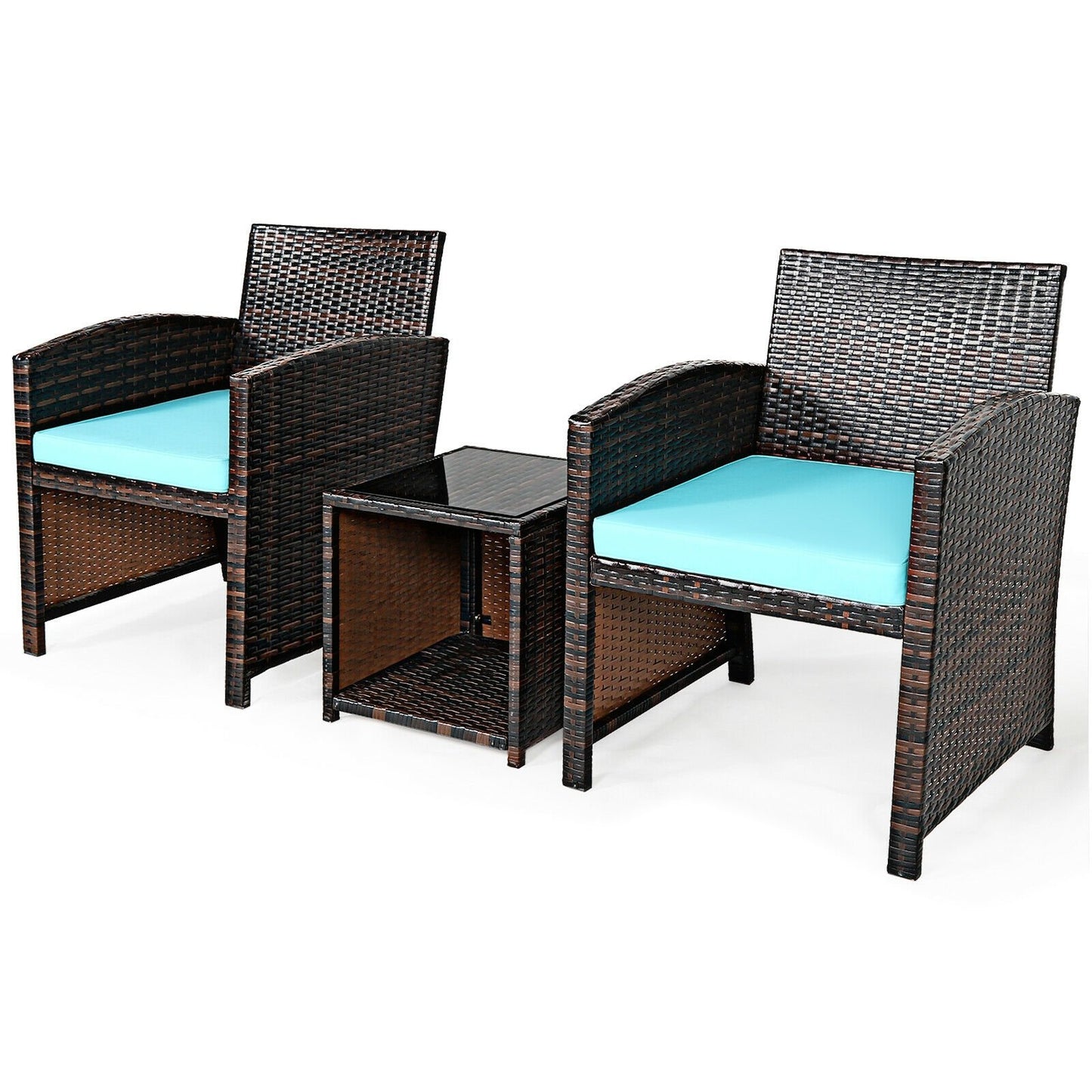 3 Pieces PE Rattan Wicker Furniture Set with Cushion Sofa Coffee Table for Garden, Turquoise Patio Conversation Sets   at Gallery Canada